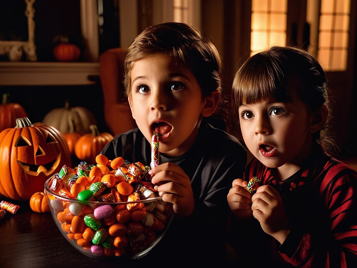 Children in a dim room with Halloween candies and pumpkin