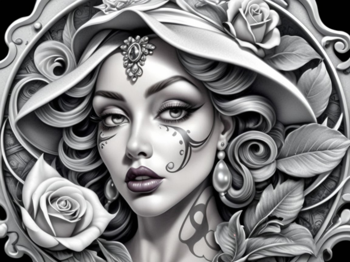 Black and White Portrait of a Tattooed Woman