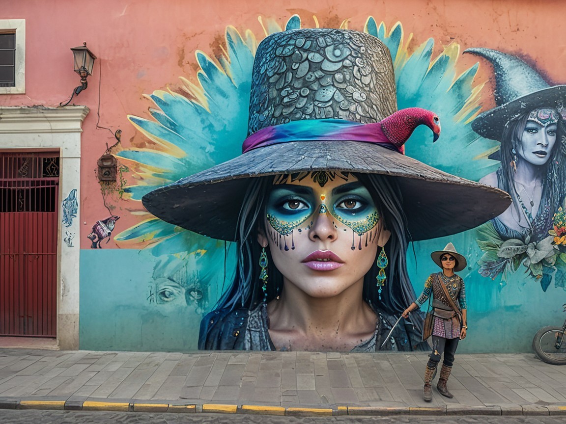 Vibrant Mural of Woman with Hat and Parrot on Pink Wall