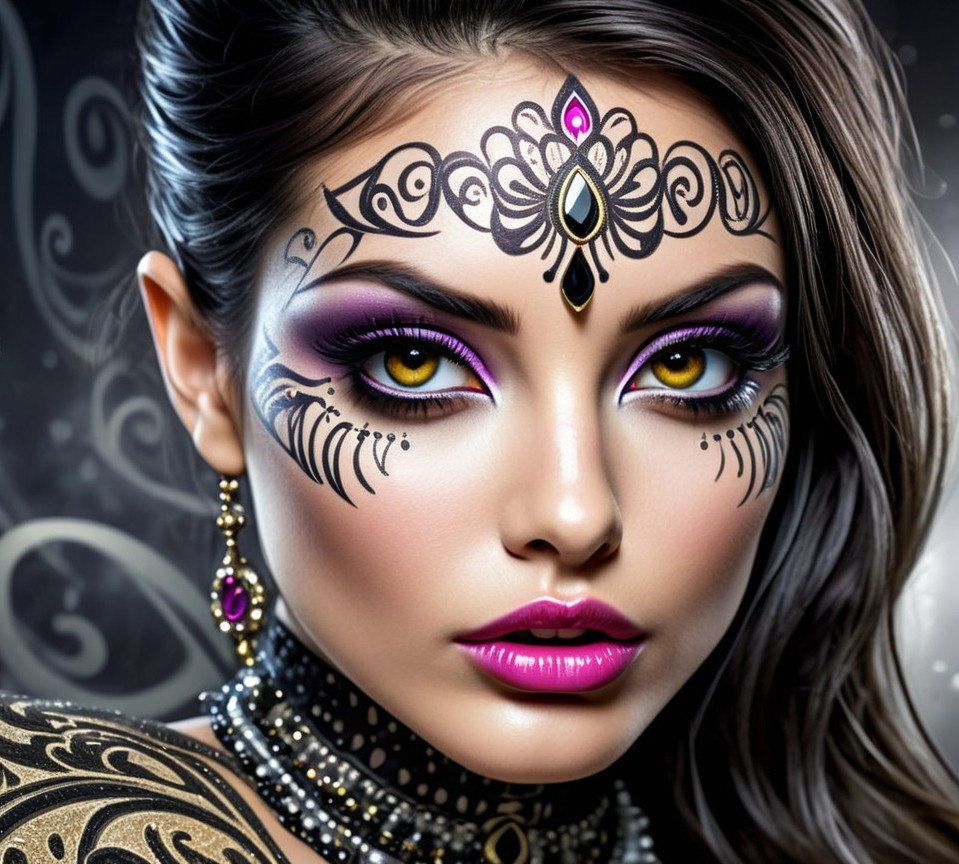 Portrait of a woman with intricate face makeup and jewelry