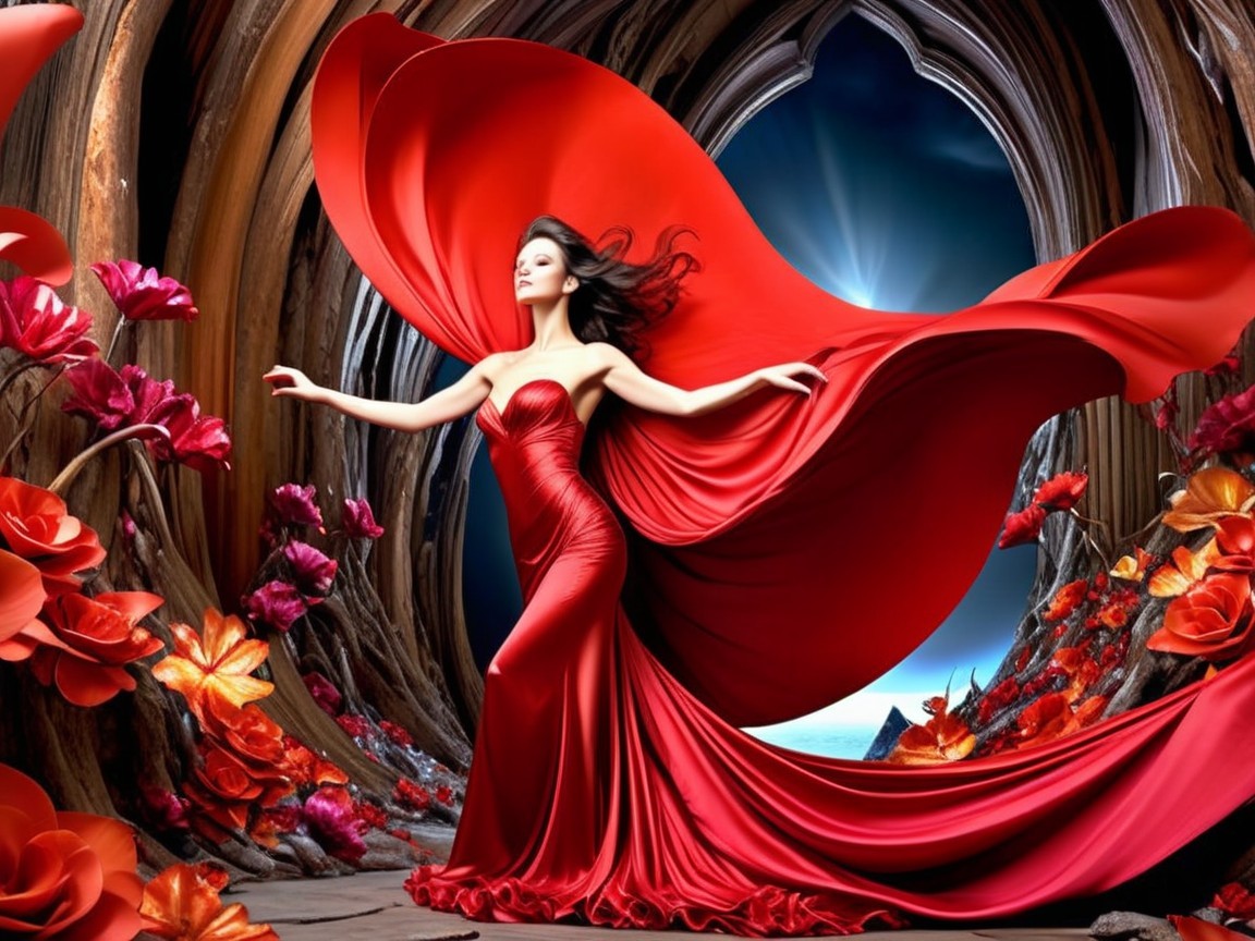 Elegant figure in red gown amid vibrant fantasy setting