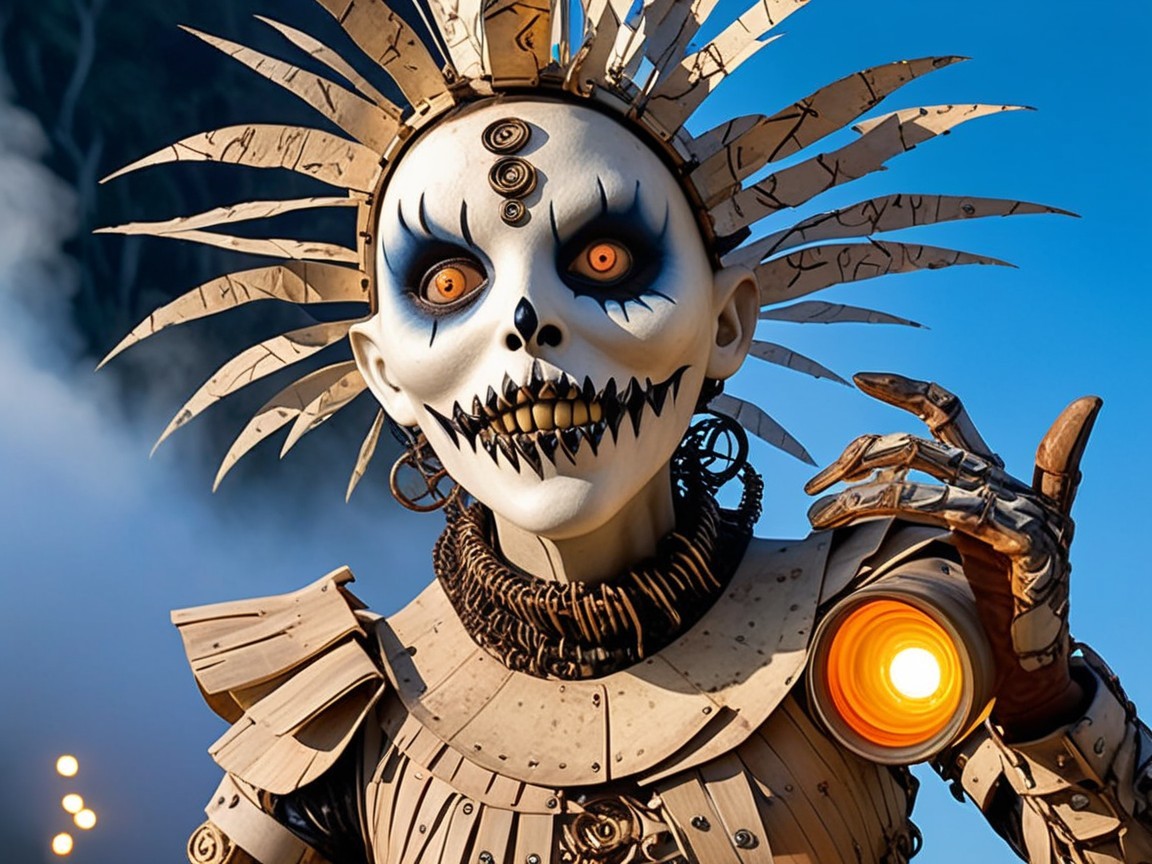 Skeletal Robot Figure with Intricate Design and Orb