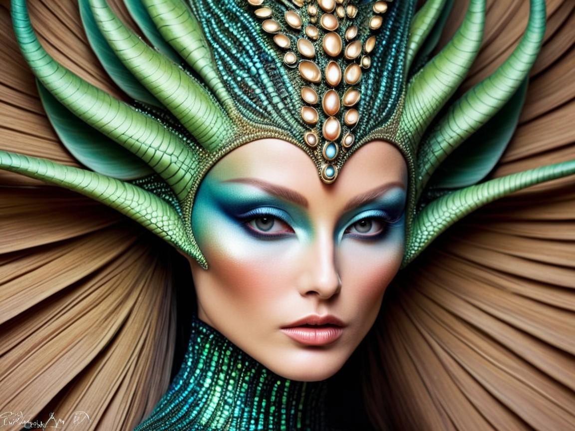 Model with Sea Life-Inspired Green and Blue Makeup