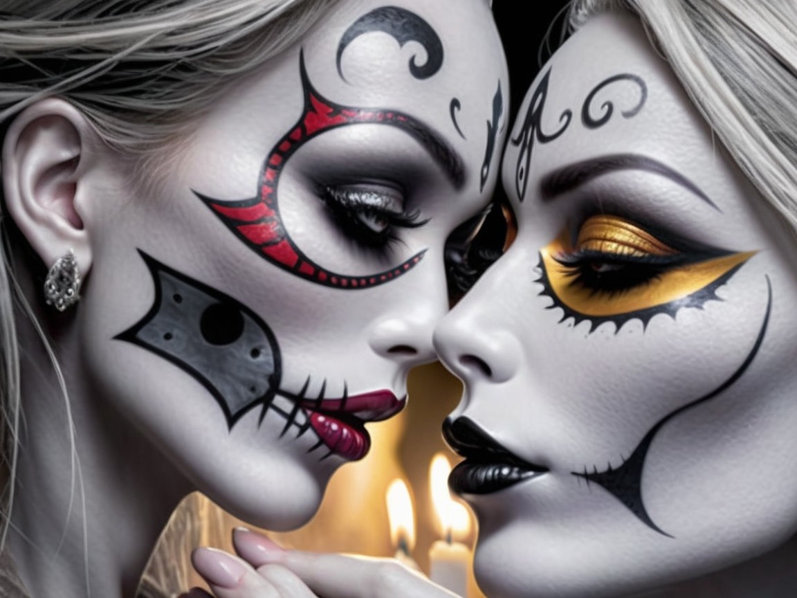 Elaborate Makeup on Two Women in Candlelight Setting