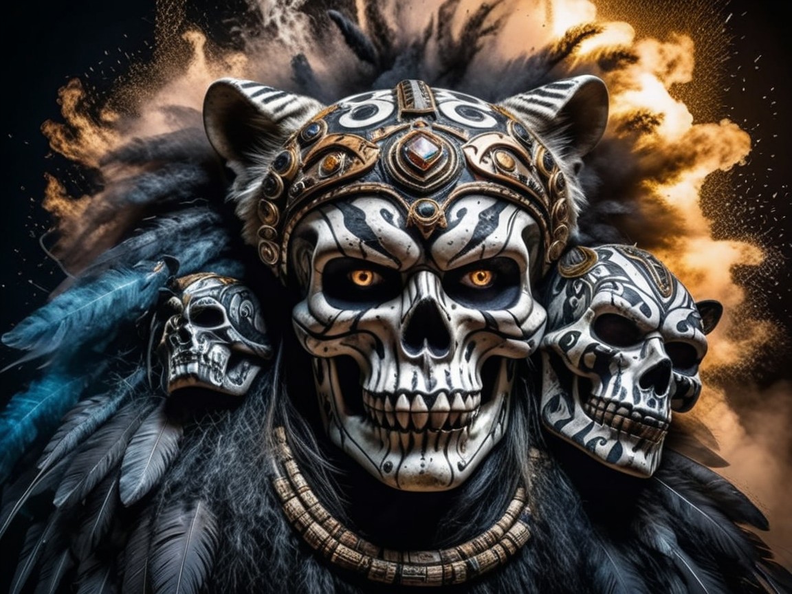 Ornate skull mask with glowing eyes and feathers