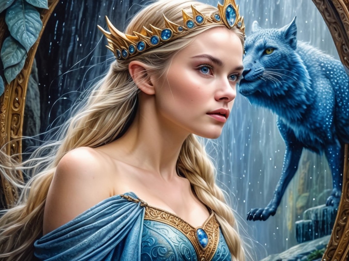 Regal figure with crown and mystical blue wolf scene