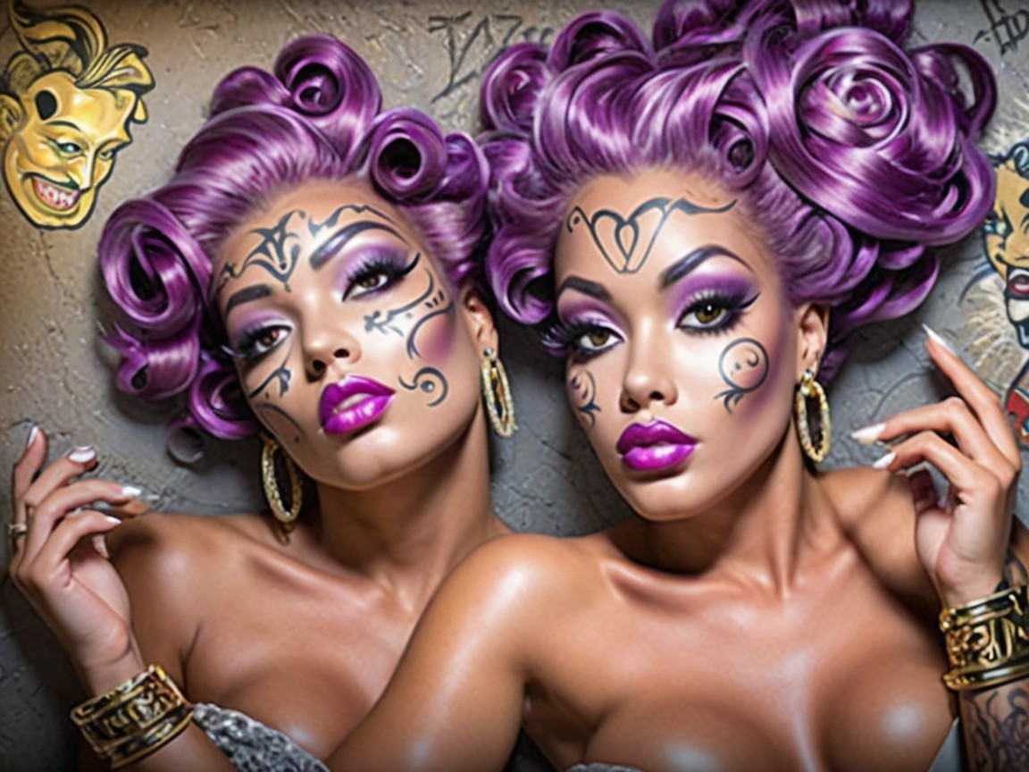 Identical Models with Purple Hairstyles and Bold Makeup