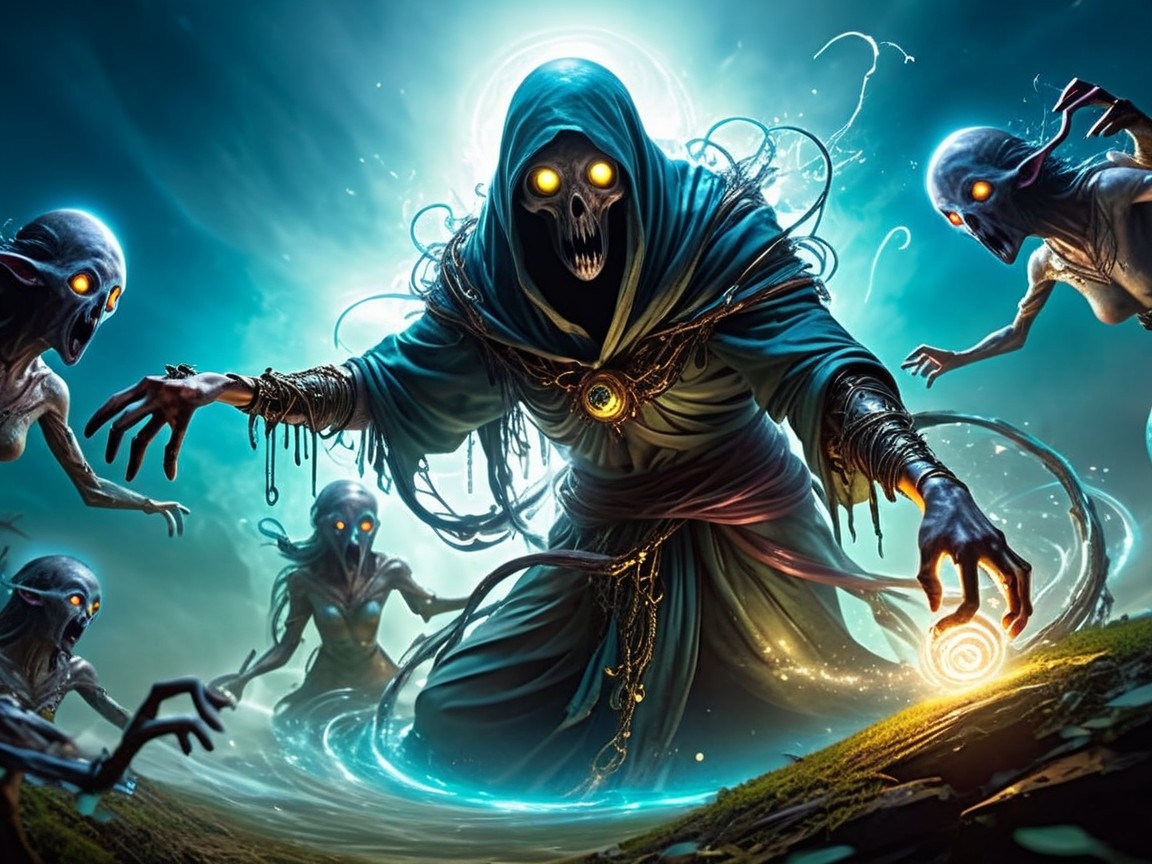 Cloaked Figure Surrounded by Eerie Ghostly Beings