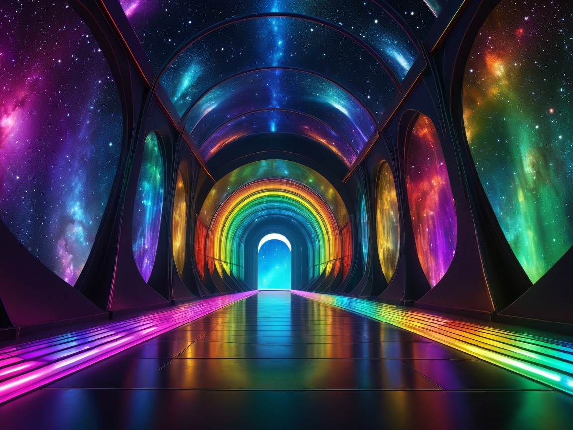 Vibrant Cosmic Corridor with Colorful Walls and Stars