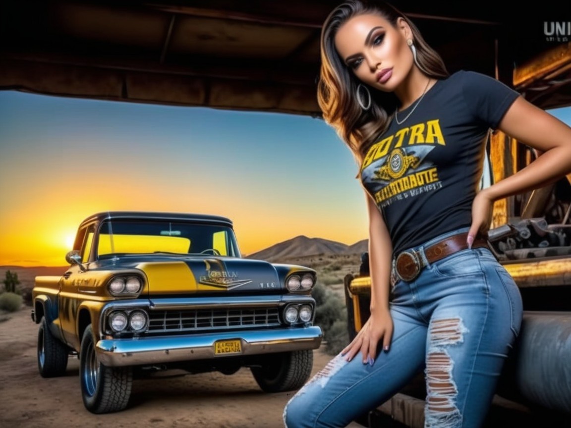 Confident Woman by Vintage Pickup Truck at Sunset