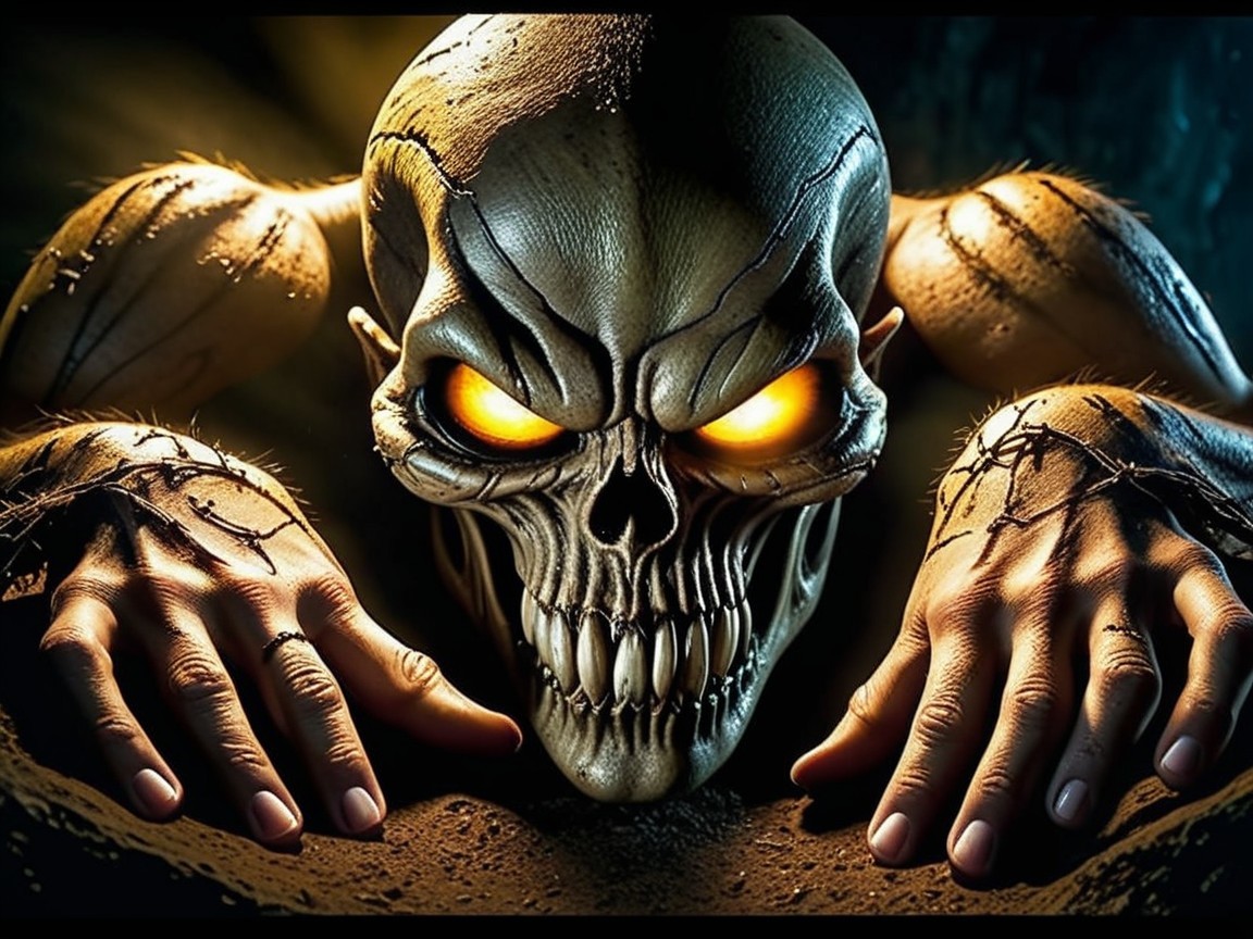Menacing Skull with Glowing Eyes and Bony Hands
