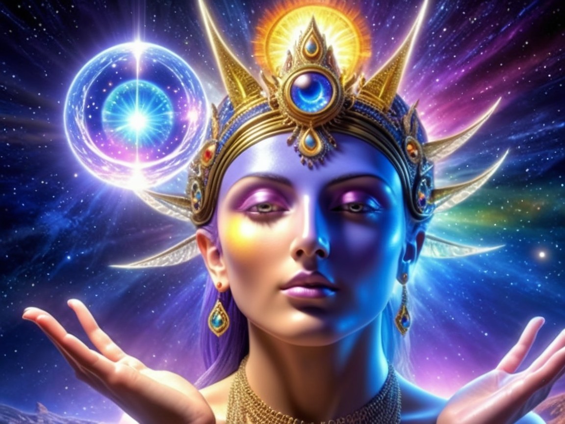 Ethereal Figure with Crown in Cosmic Background