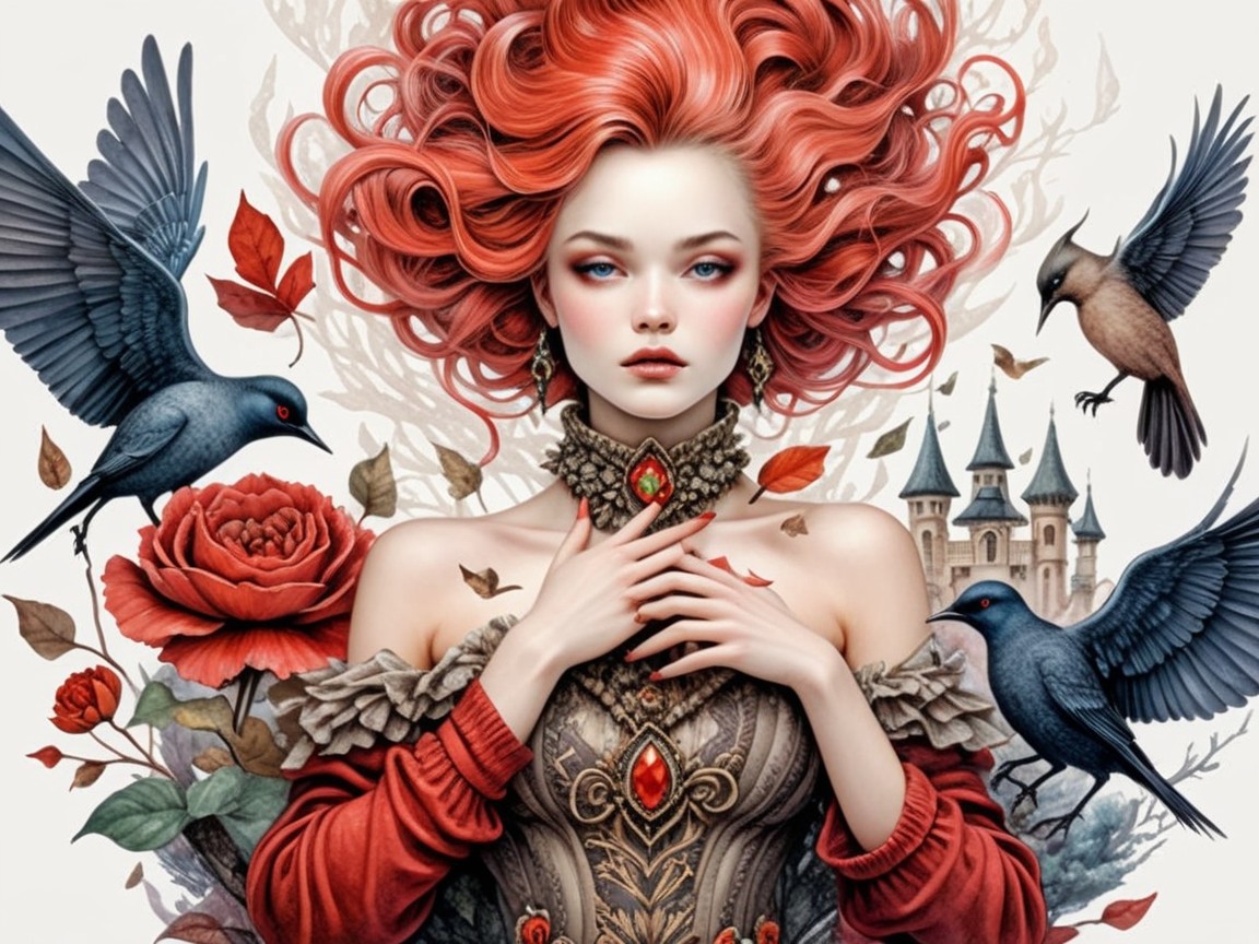 Striking Woman with Red Hair Surrounded by Nature