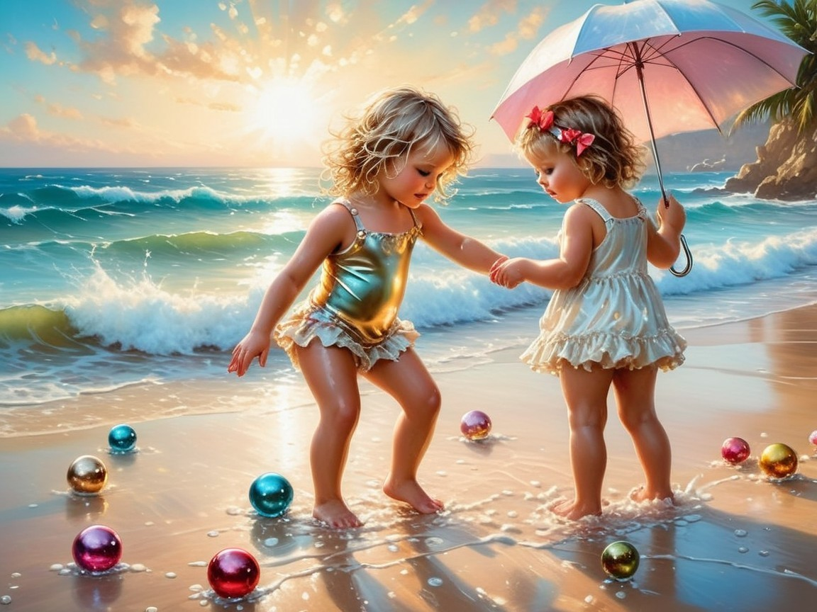 Toddlers on Beach at Sunset with Colorful Umbrella