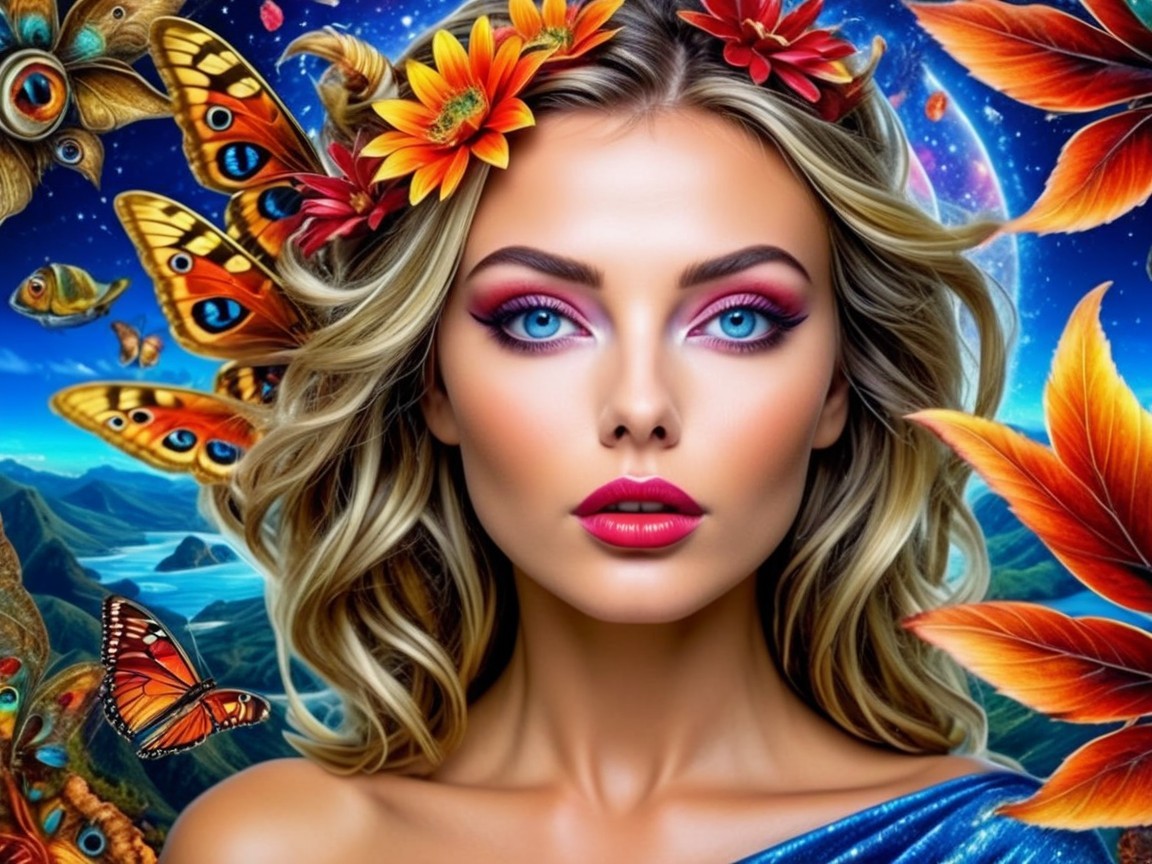 Portrait of a Woman with Flowers and Surreal Landscape