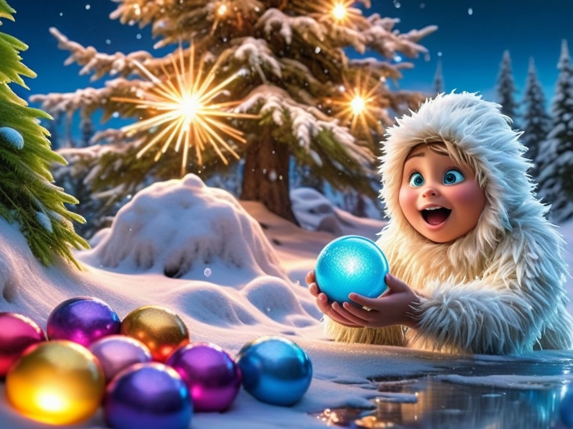 Cartoon Yeti with Ornament in Winter Forest Scene