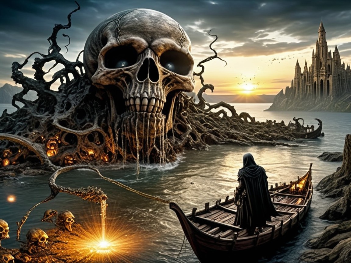 Dark Landscape with Skull and Eerie Castle Silhouette