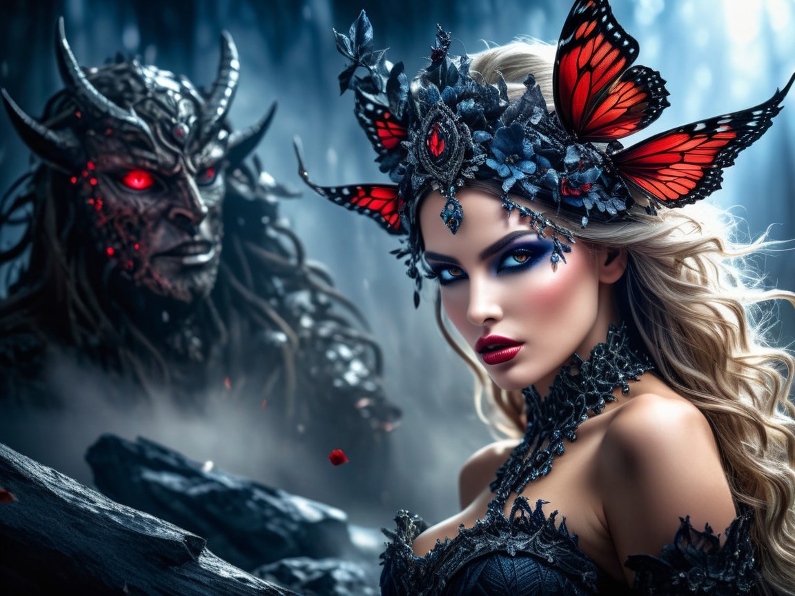 Mystical Forest Scene with Elegant Woman and Shadowy Figure