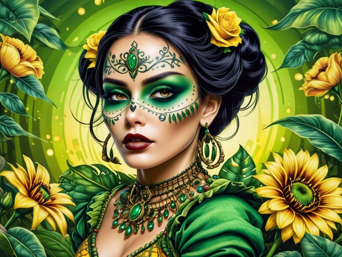 Woman with Green Face Paint Surrounded by Sunflowers