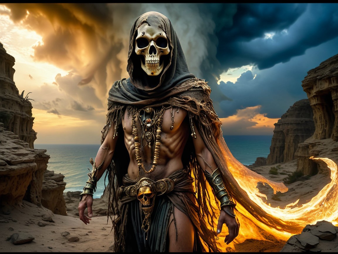 Muscular Figure in Dark Robes on Cliffs at Sunset