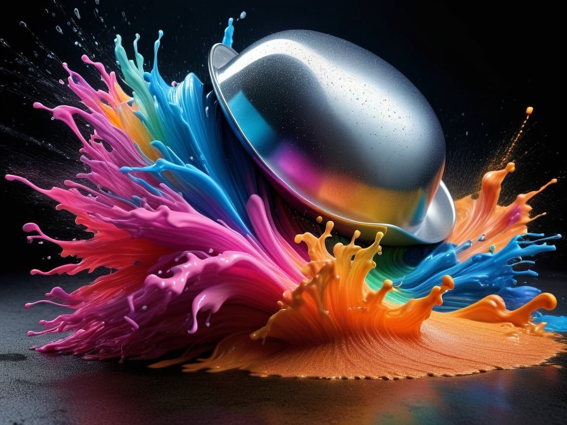 Sleek Silver Bowl with Colorful Paint Explosion
