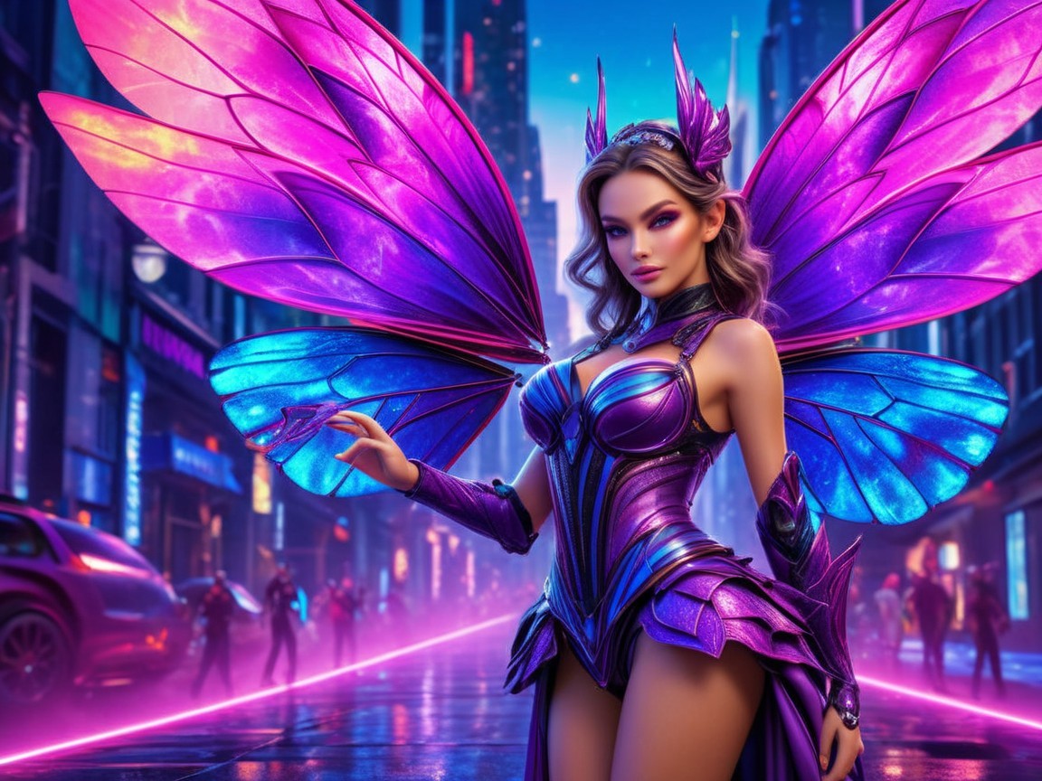 Fantasy Scene with Female Figure and Neon Cityscape