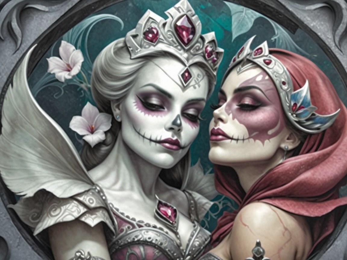 Ethereal Figures with Skull Motif and Regal Attire