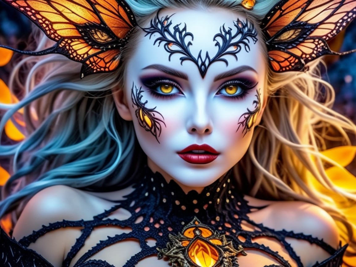Fantasy figure with butterfly-themed makeup and wings