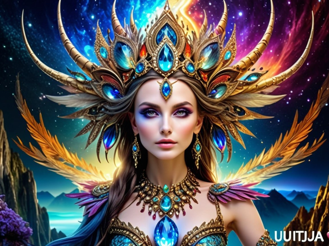 Fantasy figure with jeweled crown and celestial attire