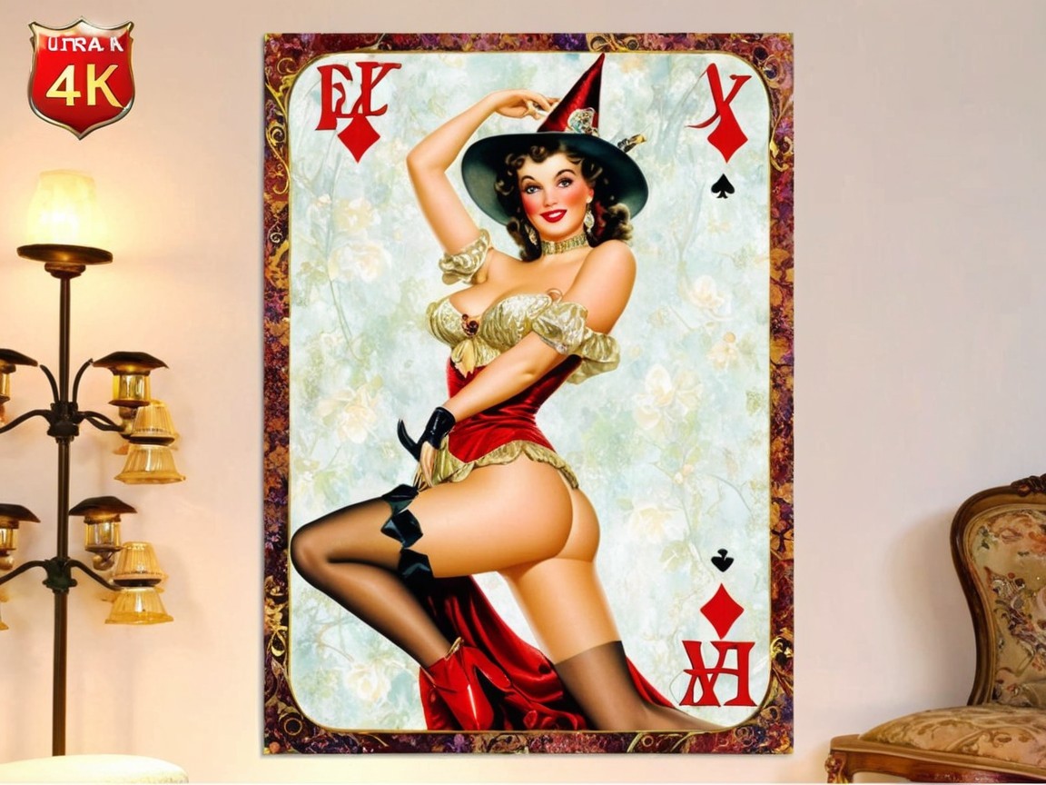 Vintage Pin-Up Witch on Playing Card Background