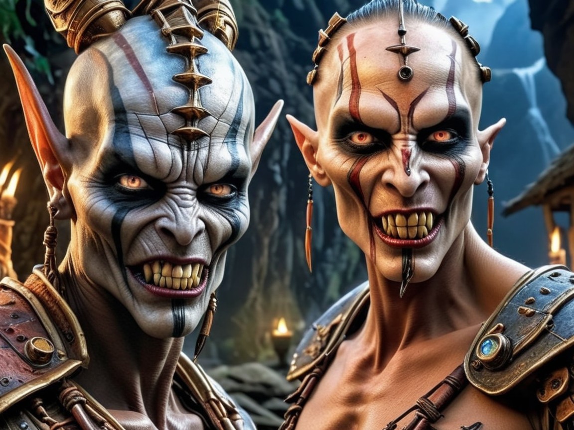 Fierce Fantasy Characters with Tribal Markings and Landscape