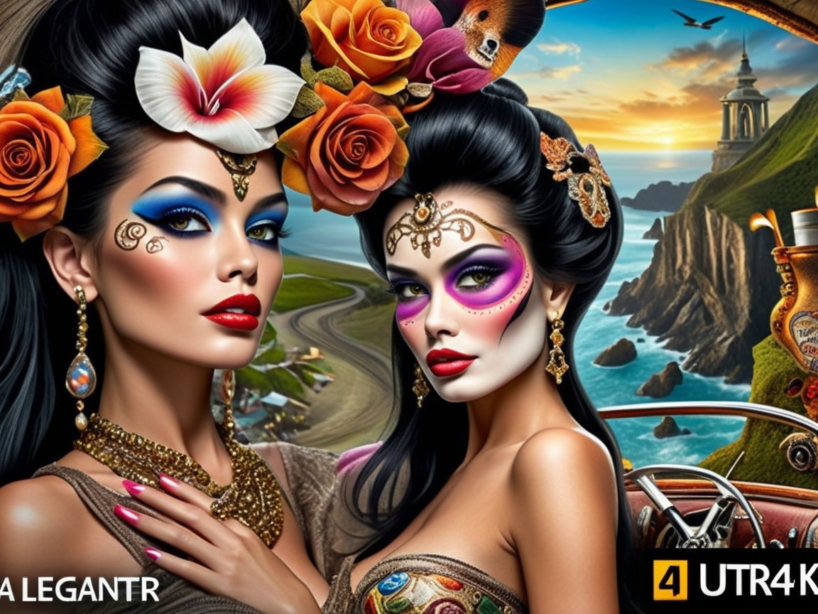 Elegant Women with Artistic Makeup and Floral Surroundings