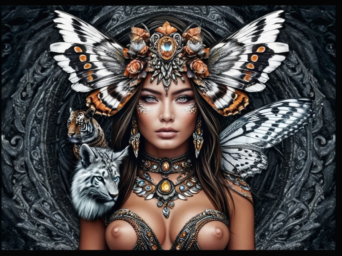 Mystical woman with butterfly wings and animal companions