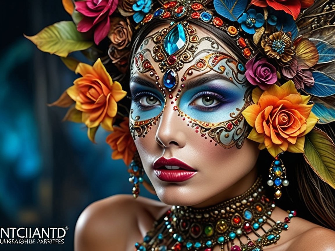 Intricate Face Paint and Floral Crown on Woman