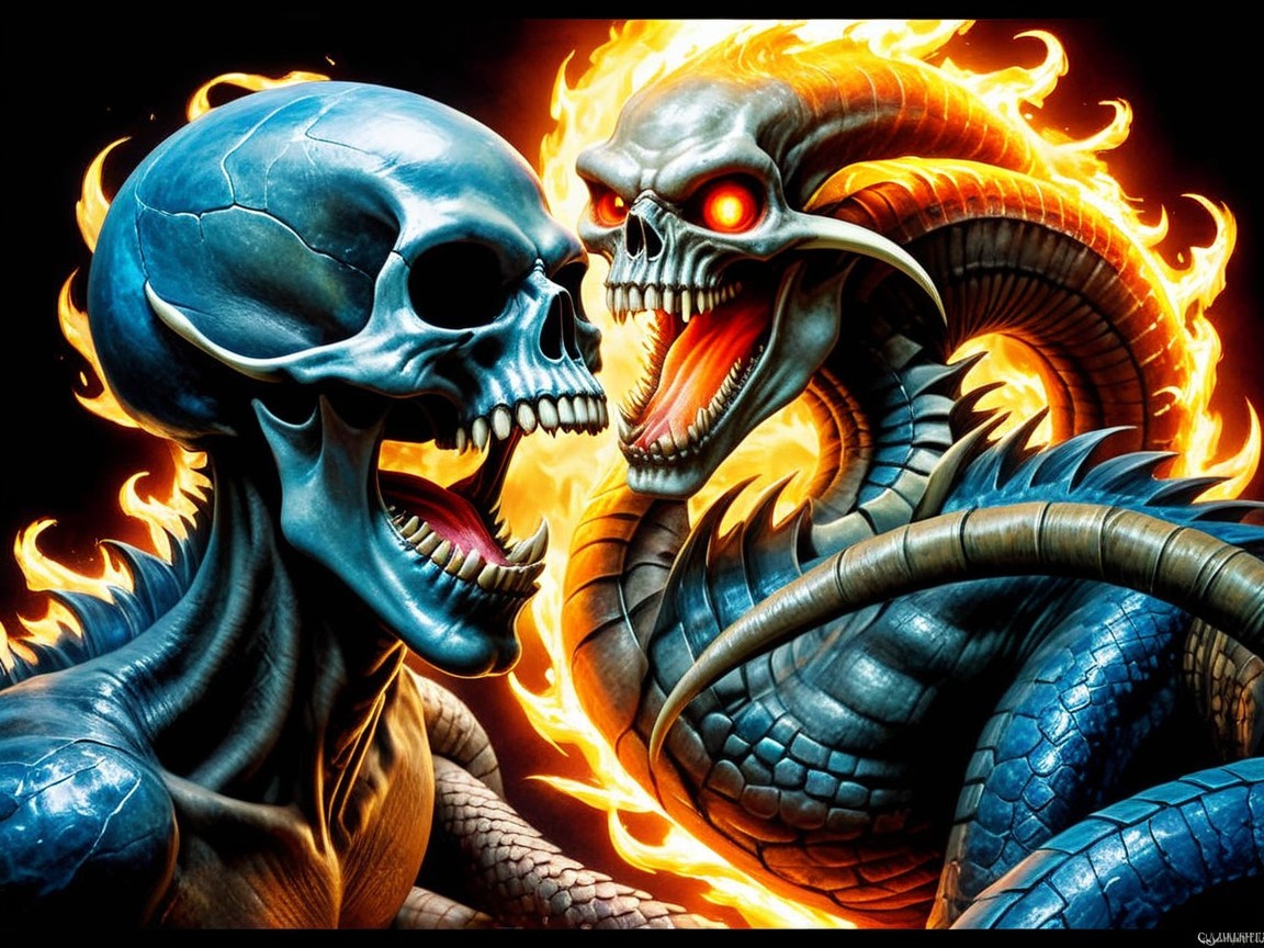 Dramatic Clash of Skeleton and Fiery Serpent