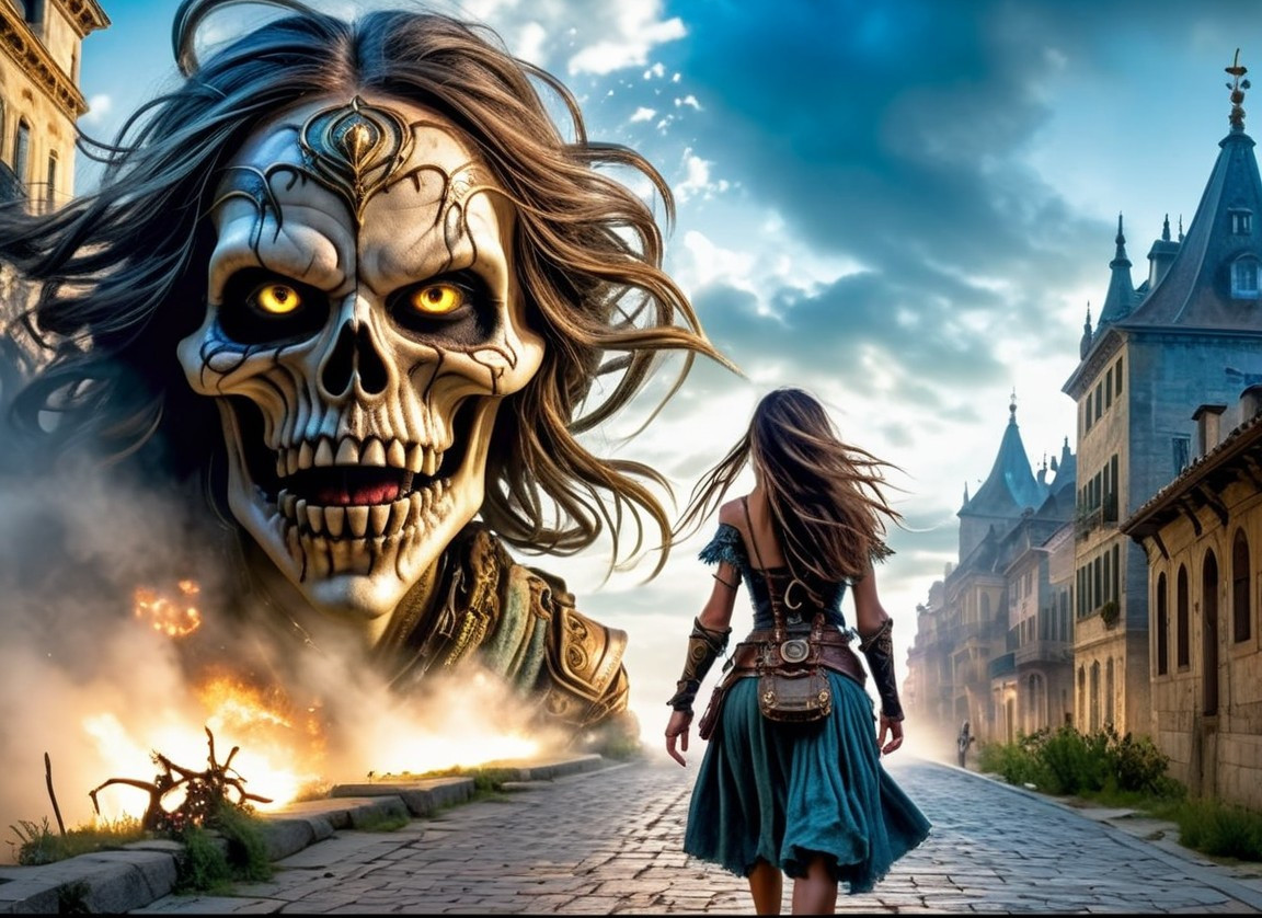 Woman in Blue Dress Facing Giant Skeletal Figure