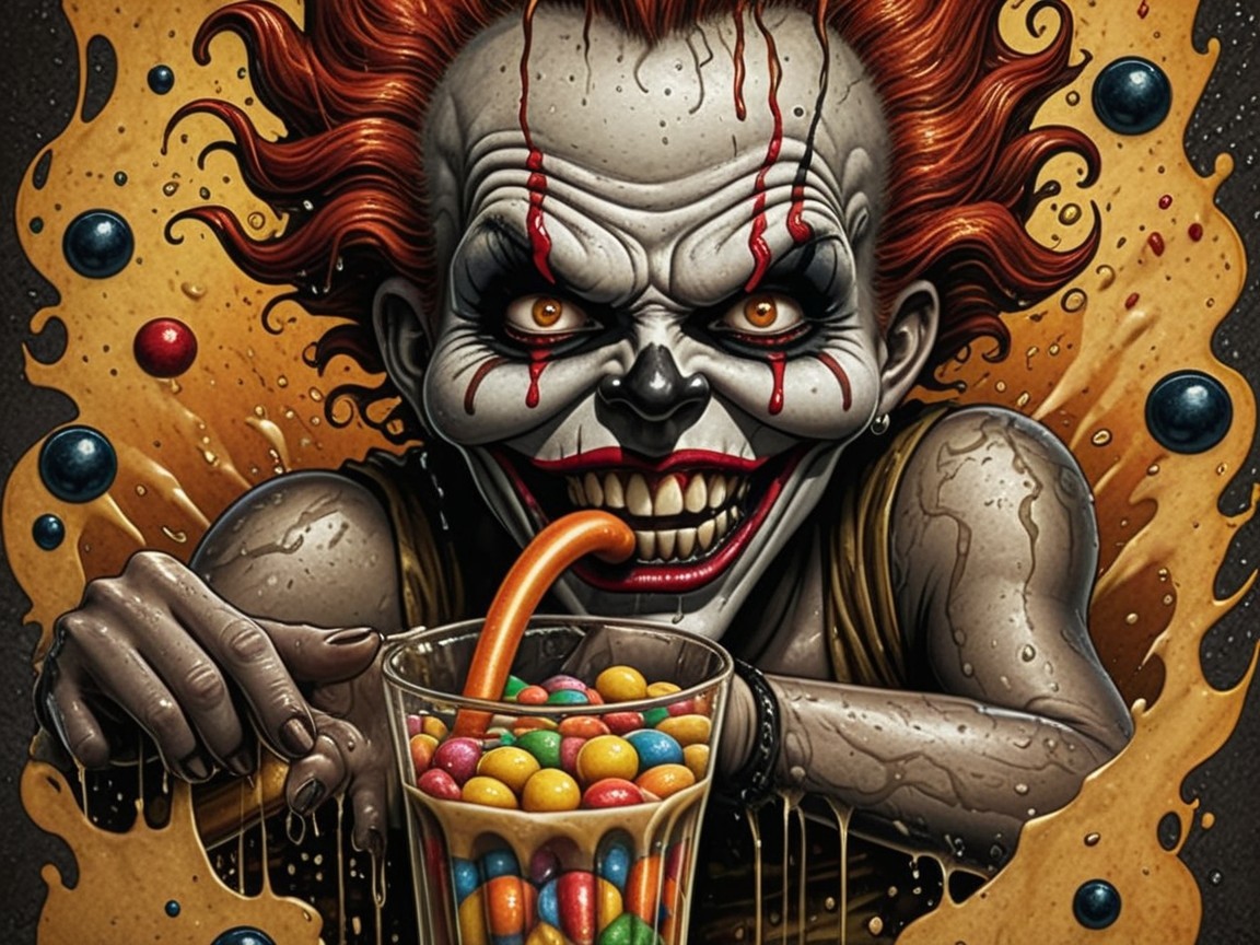 Menacing Clown with Fiery Hair and Colorful Candies