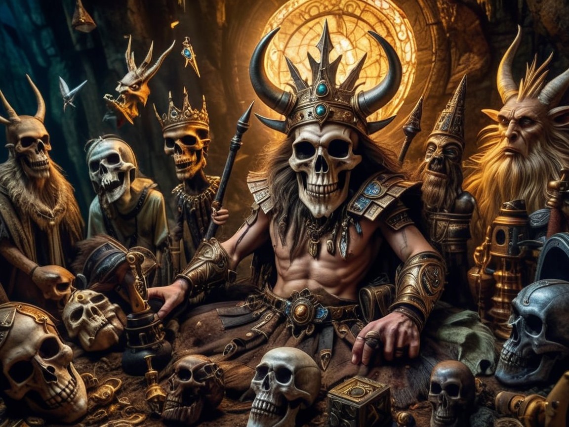 Skeletal Figure in Elaborate Armor Surrounded by Statues