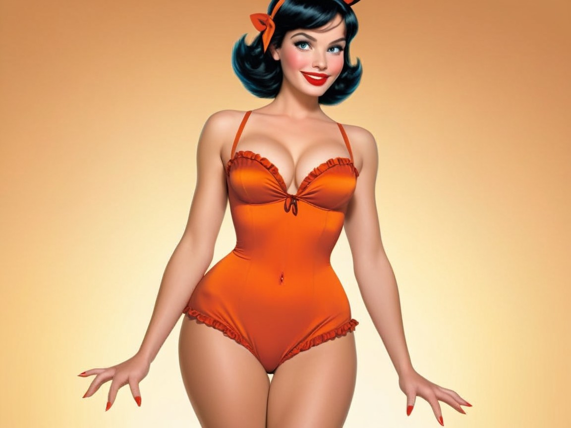Confident Woman in Vintage Orange Swimsuit with Bow