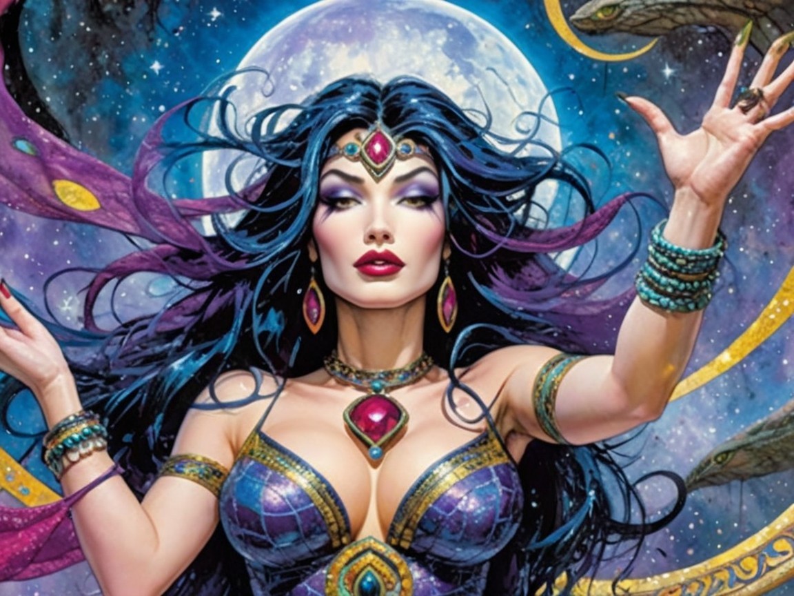 Mystical Woman in Detailed Outfit Under Full Moon