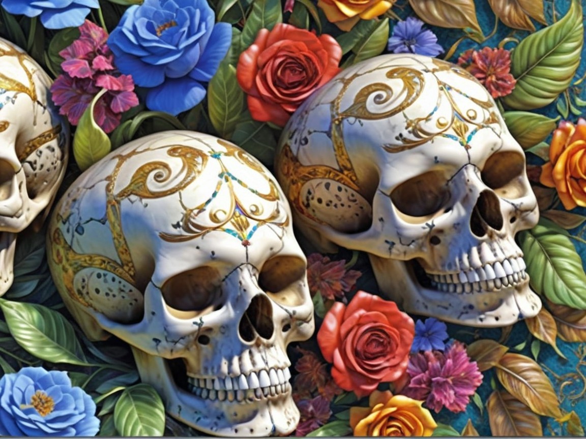 Decorated Skulls Surrounded by Colorful Flowers