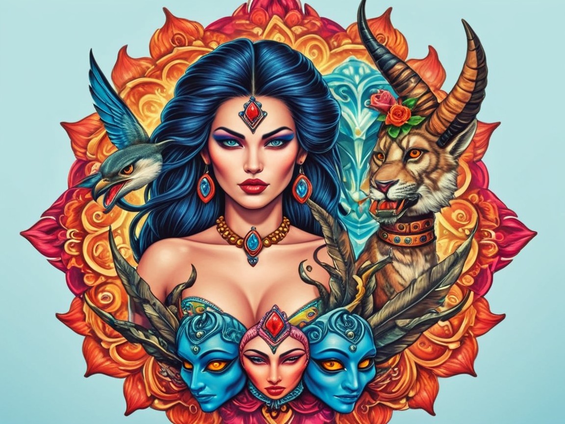 Striking woman with blue hair and ornate mandala backdrop