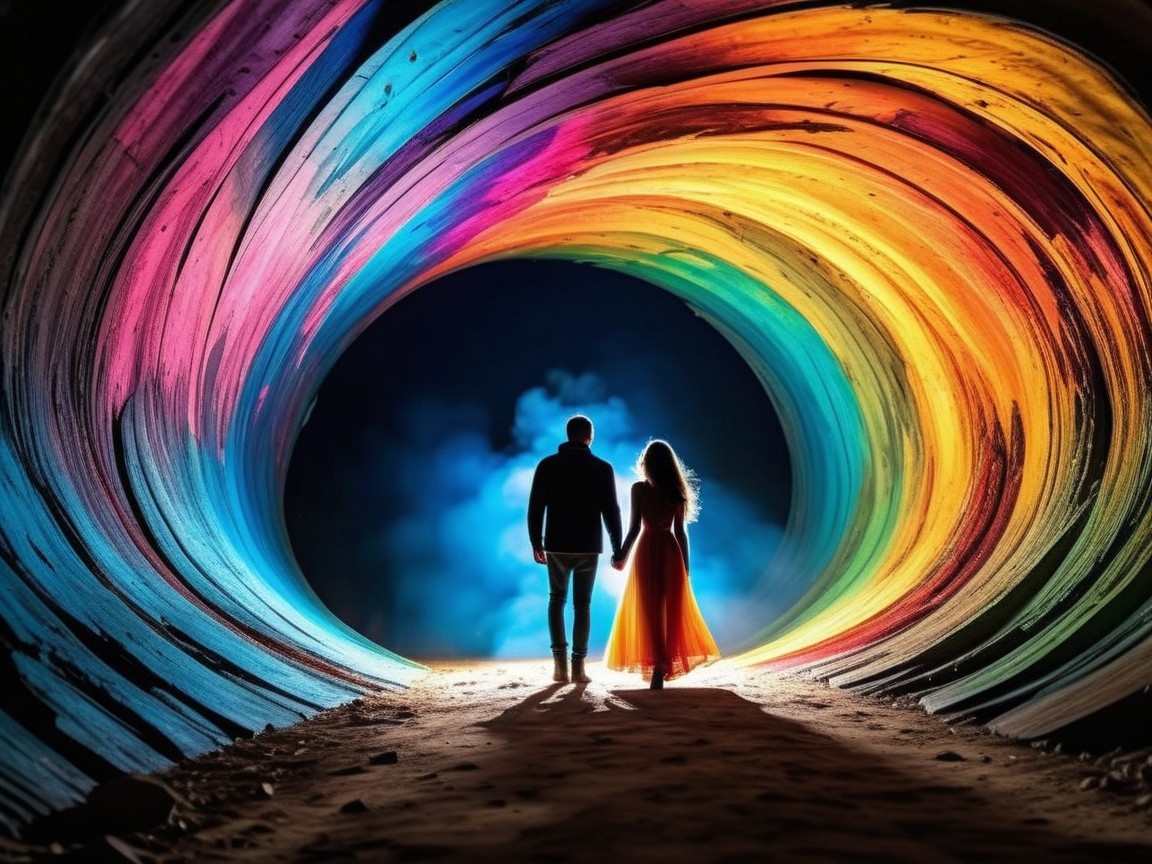 Couple at Colorful Tunnel Entrance with Ethereal Glow