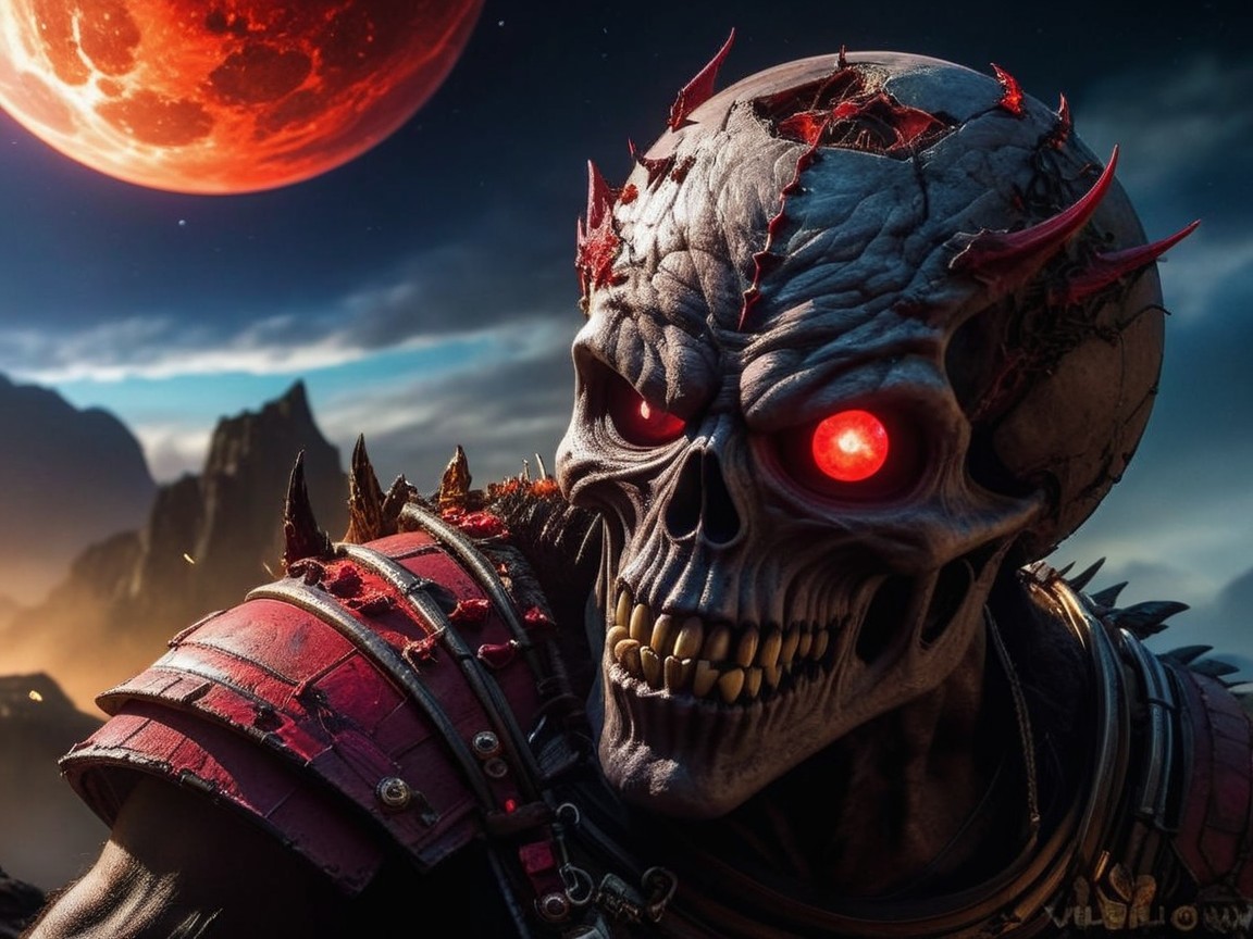 Skeletal Figure with Red Eyes Against Crimson Landscape
