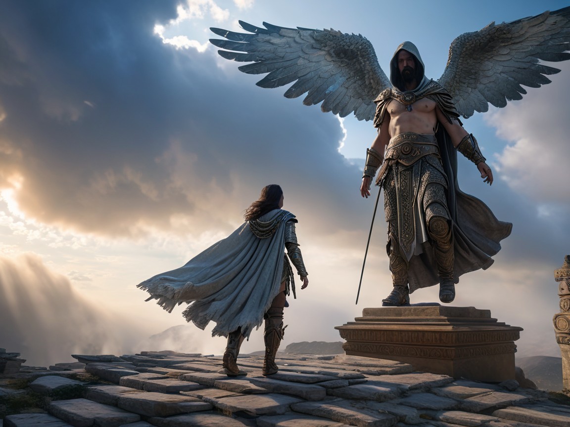Colossal Winged Figure on Stone Pedestal in Epic Scene