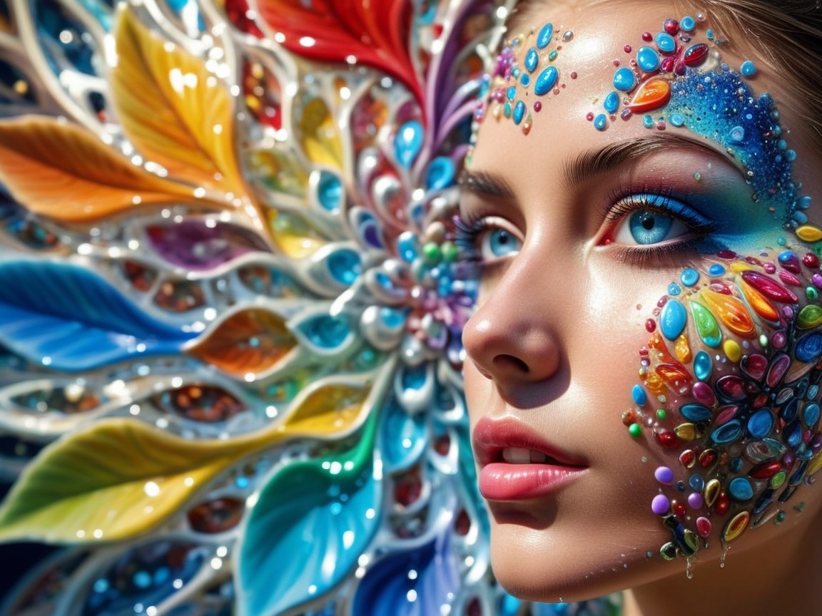 Close-up of a woman with vibrant jewel face art