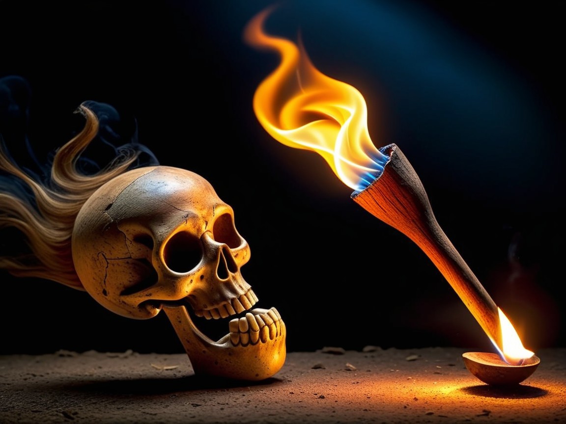 Stylized Skull and Torch on Sandy Surface with Smoke