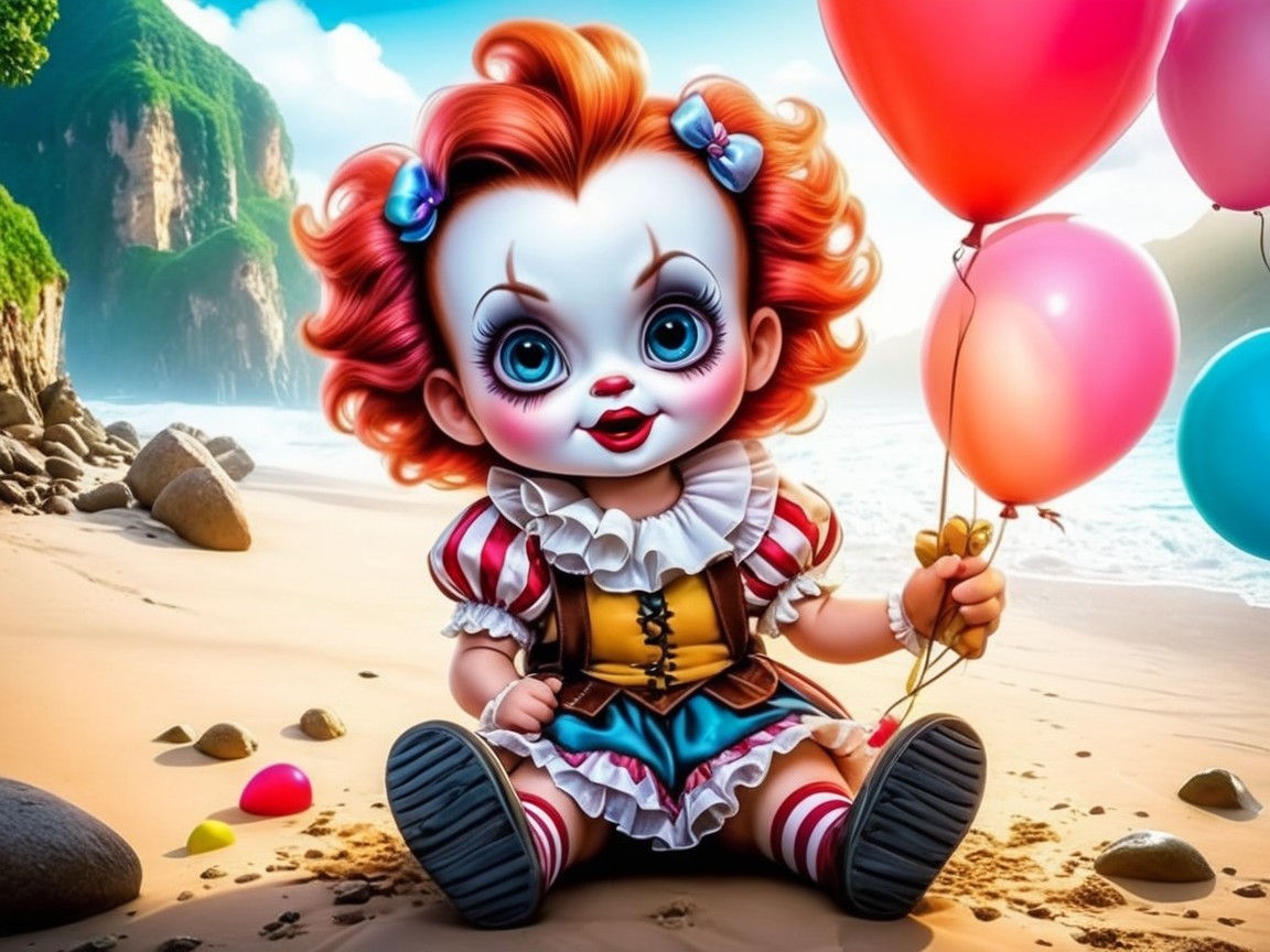 Whimsical Clown Character on a Sandy Beach Scene