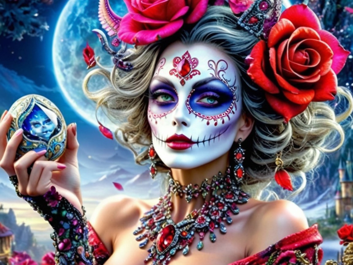Vibrant Figure in Ornate Attire Against Mystical Sky