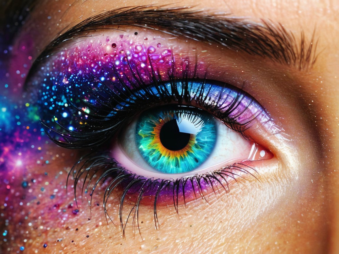 Close-up of a vibrant, multicolored eye with makeup